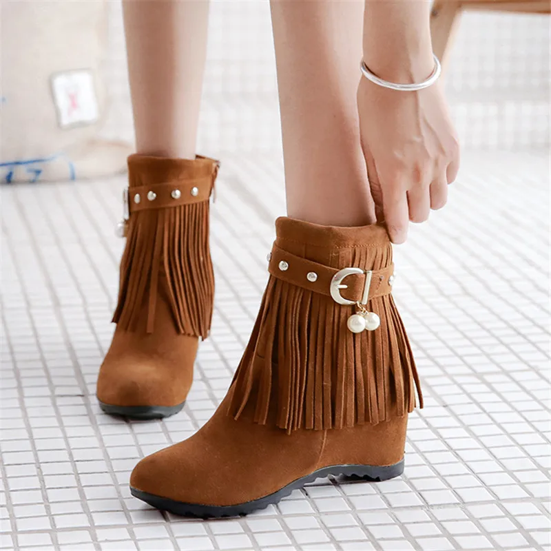 

ENMAYER Woman Ankle Boots Casual Round toe Fashion Boots Woman Shoes Winter Shoes Tassel Med Heels Beading Buckle strap CR1089