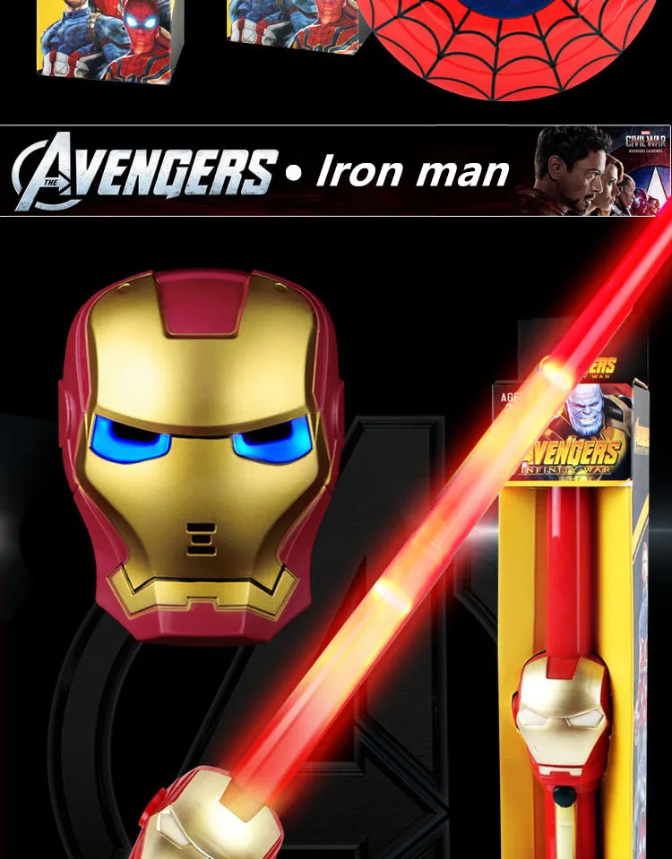 Новейшие игрушки Marvel, Мстители, Железный человек, Фигурка Человека-паука, маска, светодиодный фонарик, Железный человек, игрушечный щит, маска для косплея на Хэллоуин