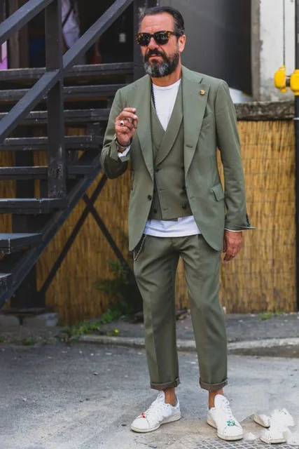 

2018 Latest Coat Pant Designs Olives Green Double Breasted Vest Men Summer Suits Casual 3 Pieces Tuxedos New(Jacket+Vest+Pants)
