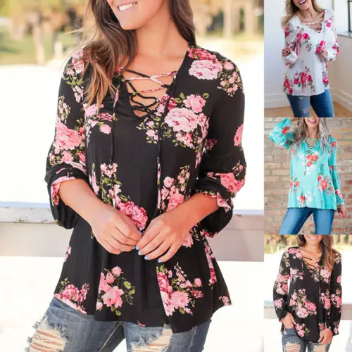 Модная женская Свободная блузка с цветочным принтом на шнуровке осень 2017