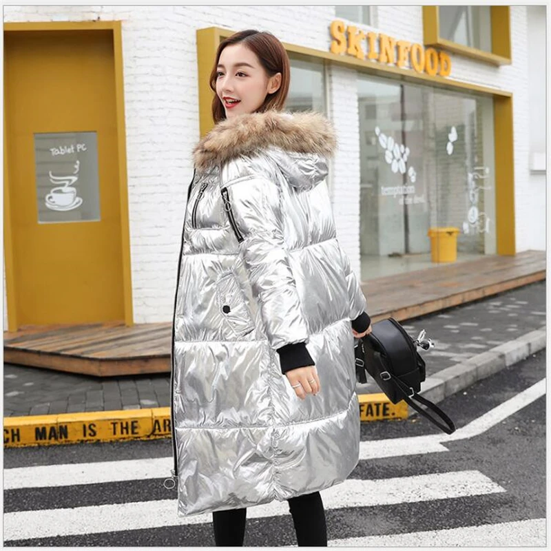 

Women winter jackets long warm Glossy coat Silver color style female jacket2019 ladies parka abrigos mujer invierno Outwear R202