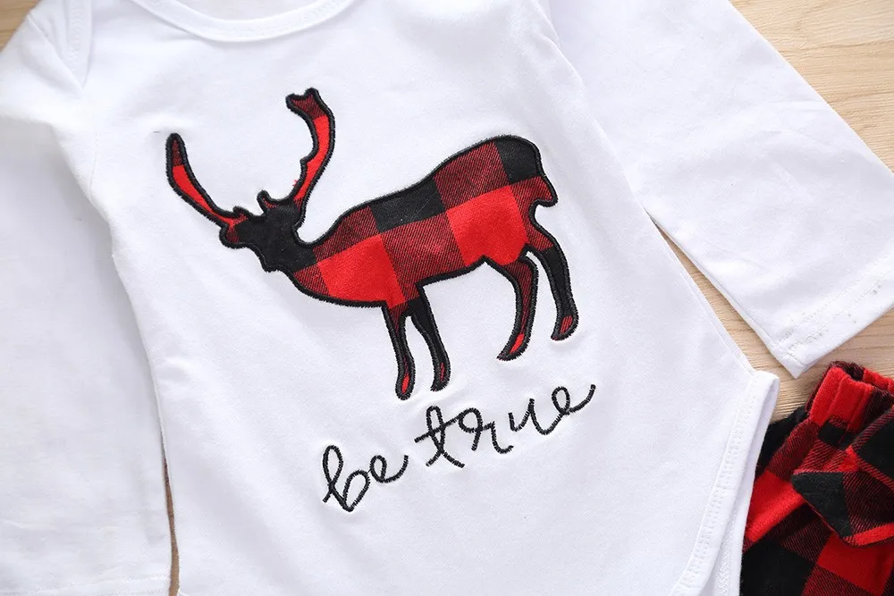 3PCS Christmas Toddler Baby Deer Romper+Plaid Print Pants+Hat+Headbands Unisex Kids Clothing Sets bebes Clothes #WS | Детская одежда и