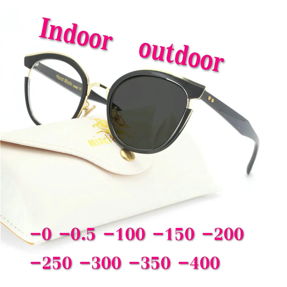 Модные фотохромные солнцезащитные очки готовые очки для близорукости женские и мужские ретро очки с оправой из сплава кошки женские ультрасветлые при миопии очки NX - Цвет линз: black-350