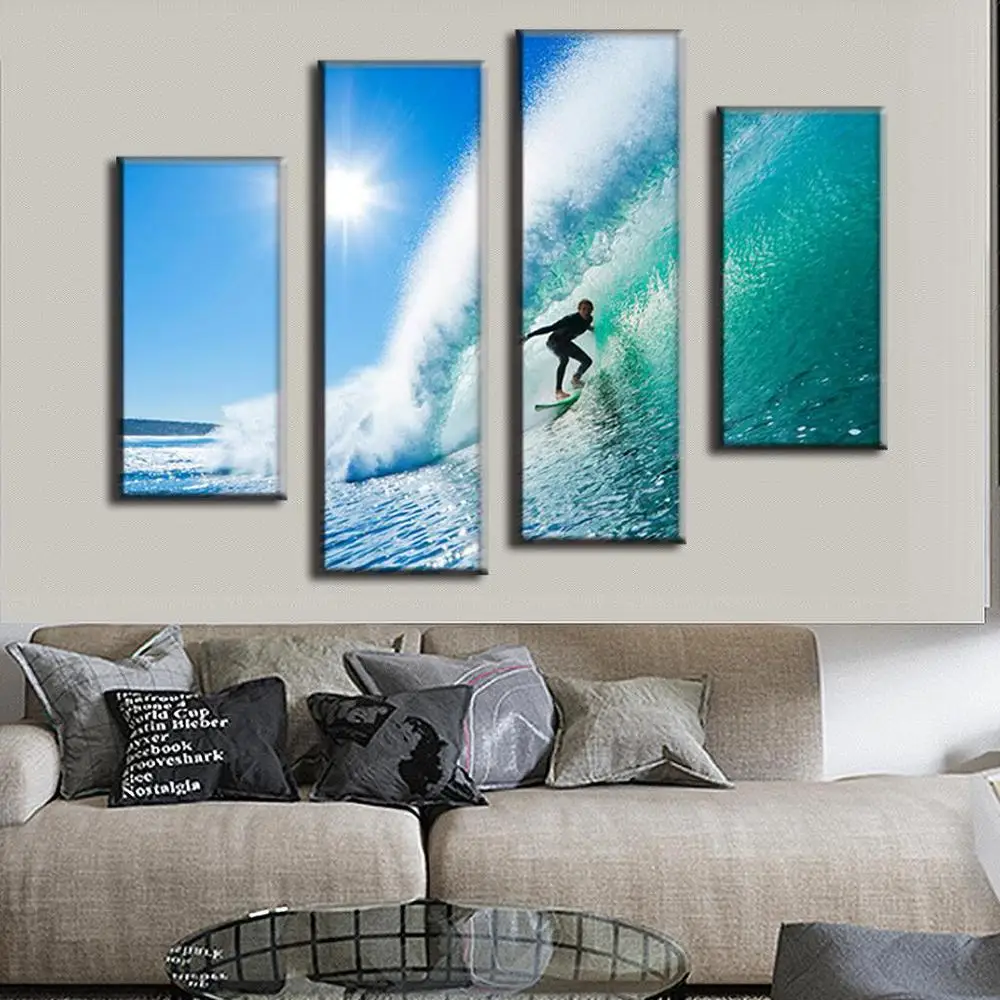 2017 4 панели Современный Морской пейзаж Холст принты серфинг на Гавайских стенах