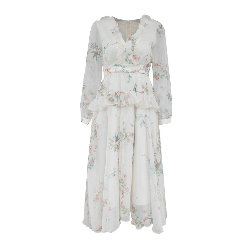 Женское подиумное платье с v-образным вырезом и цветочным принтом миди оборками