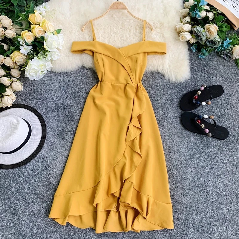 ALPHALMODA женское изящное плиссированное платье с открытыми плечами, тонкое асимметричное платье на бретельках, Летнее Платье До Колена