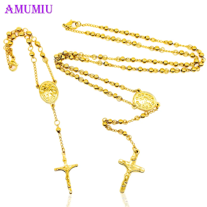 

AMUMIU 4mm Rosary Necklace Cross Jewelry Set Jesus Charm Trendy Y-Shaped Long Necklace Bracelet Christian Prayer for Women JS029