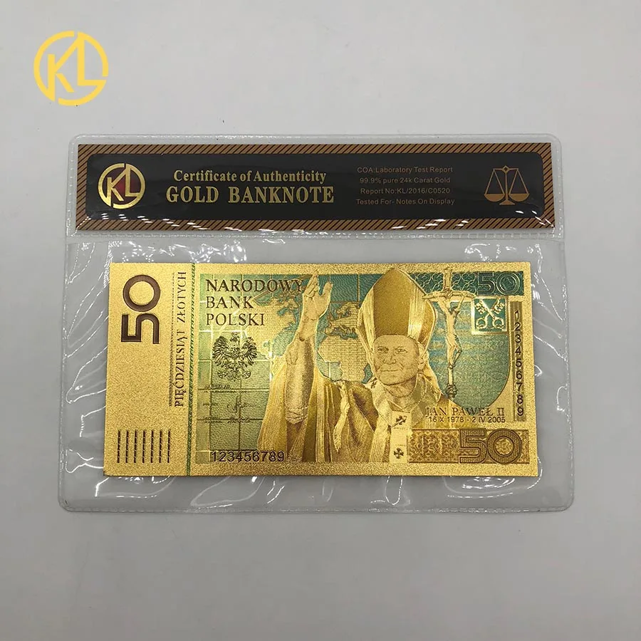 PLN50Paul--COA 1 шт., крашеная 999,9 Золотая фольга, банкноты для денег, Польша, 10, 20, 50, 100, 200, 500 злотых, для деловых подарков и украшения дома - Цвет: PLN50Paul--COA
