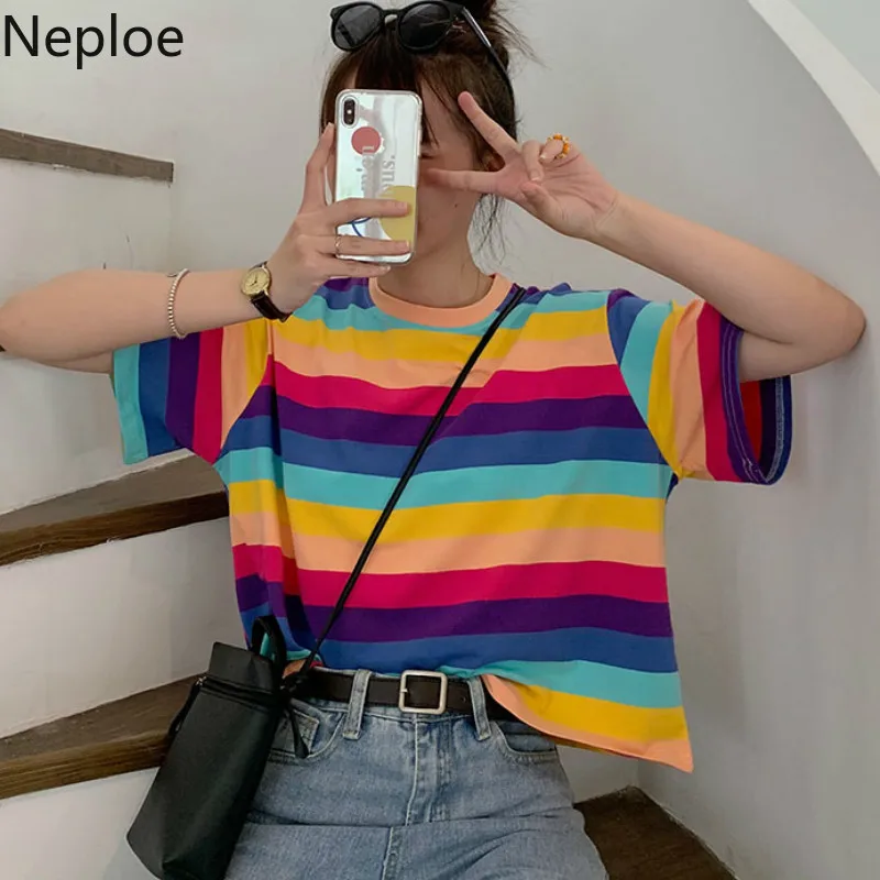 Женские топики в полоску nesloe винтажные радужные футболки с коротким рукавом