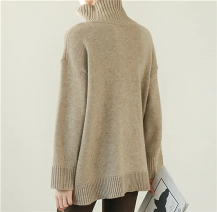 new arrival goat cashmere thick solid knit women korean style high collar long pullover sweater white 2color one&ampover size | Женская