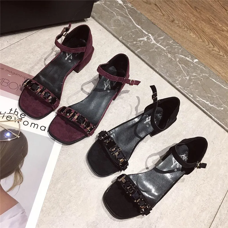 Sandals female 2019 new summer Korean version of the thick with rhinestones students open toe fairies women's shoes | Обувь