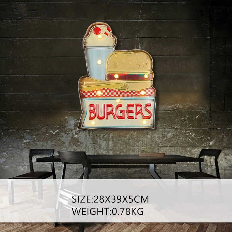 

BURGERS LED Metal Sign Decorative Painting Bar Cafe Signboard Signage Home Wall Decor Illuminated Hanging Neon Signs A851