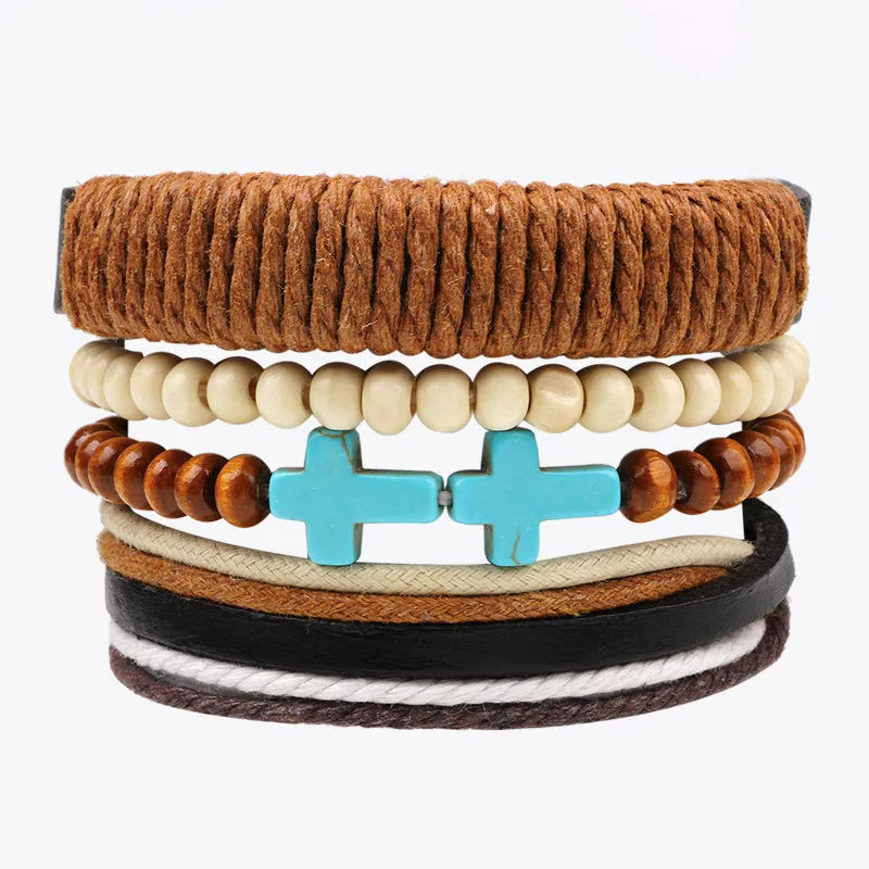 4 шт./компл. Boho Хиппи панк коричневый шнур обернуть узлы кожа бирюза Крест Шарм