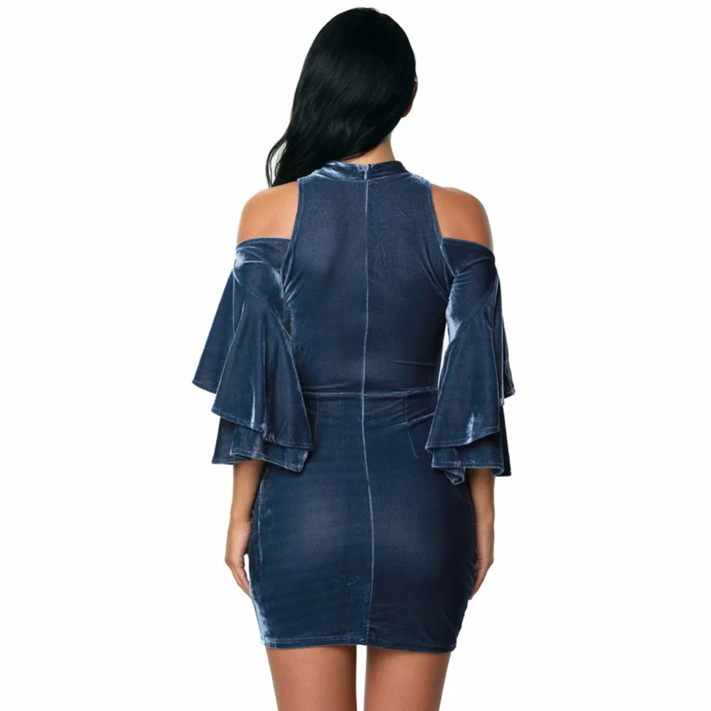 2017 новый синий бархат Рябить рукав росы плеча мешок хип Mini Dress|blue ruffle dress|dress bluedresses