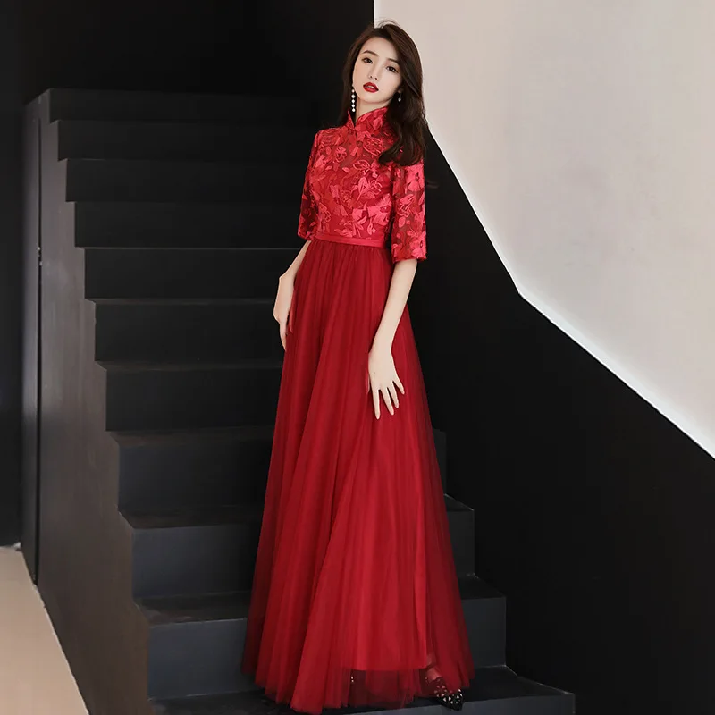 

Burgundy Lace Oriental Style Dresses Chinese Bride Vintage Traditional Wedding Cheongsam Dress Long Qipao Plus Size 3XL