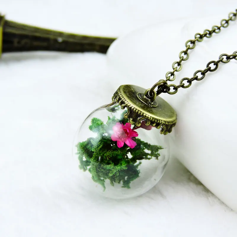 2016 винтажный стеклянный шар кулон с высушенным цветком ожерелье натуральный