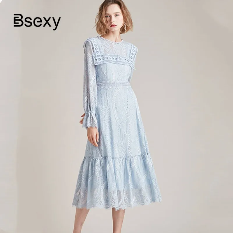 Изящное женское кружево платье 2019 модное синее рукав трубы длинное мини для