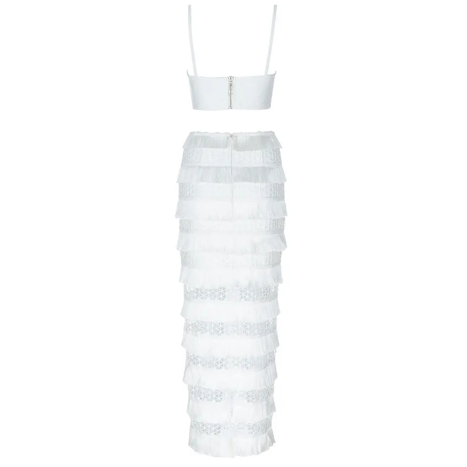 DressBird Women Summer Dress Bodycon Vestidos Sexy 2 Two pieces Set Elegant O Neck Spaghetti Strap Tassels White Celebrity |
