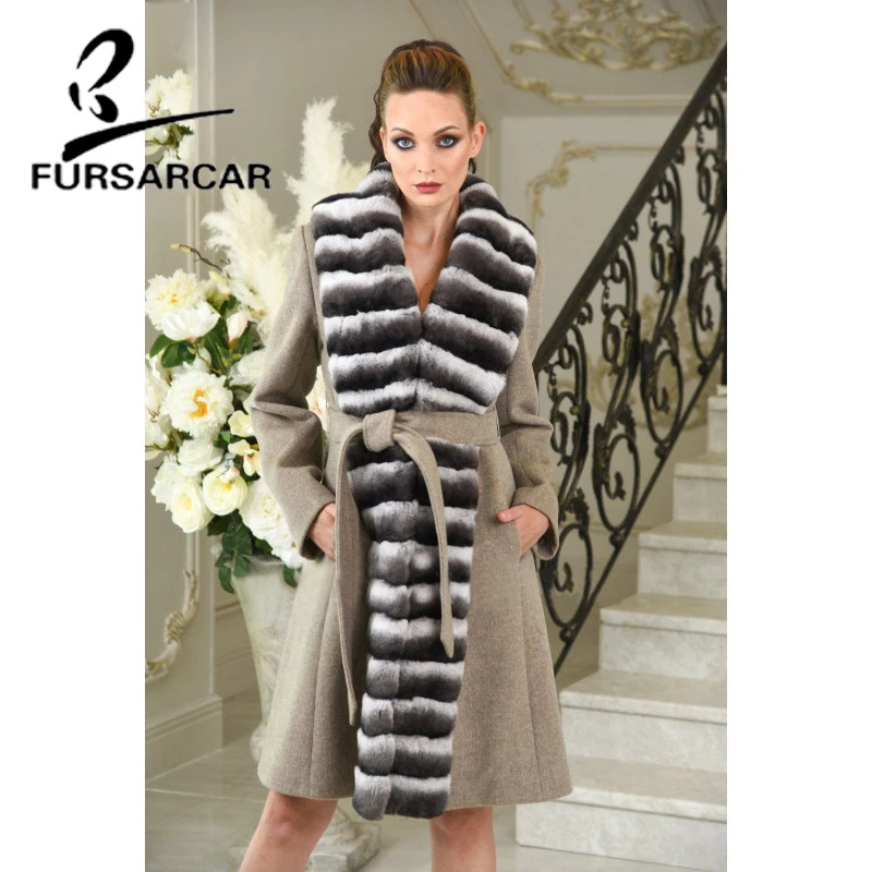 FURSARCAR Luxury Female Real Rex Rabbit Fur Women's Wool Coat Natural Fur Long Wrap Coats With Belt Thick Warm Winter Outwear enlarge