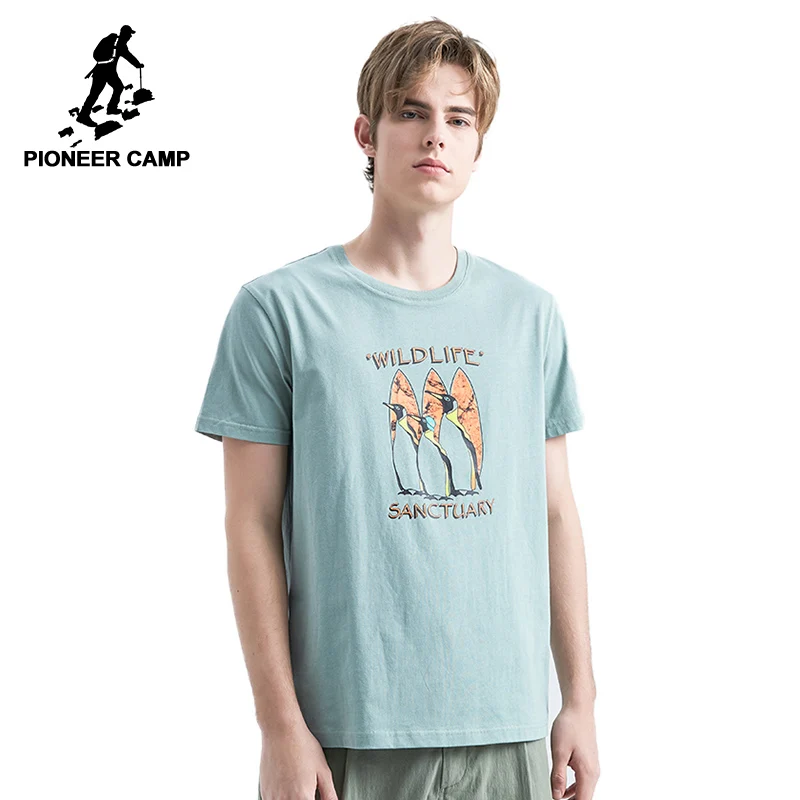 Мужская футболка с коротким рукавом Pioneer Camp Penguin зеленая/белая принтом животных