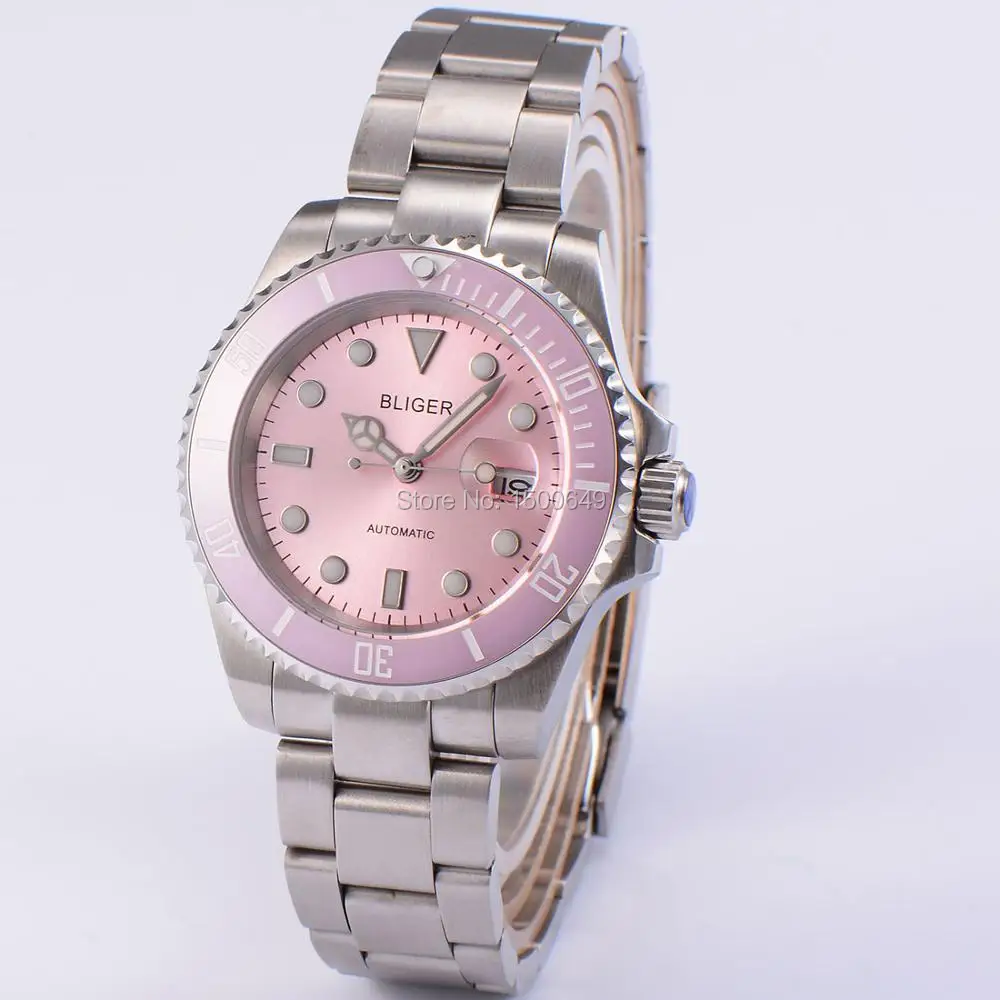 40mm BLIGER Wristwatches Pink bezel Luminous Ceramic Bezel sapphire automatic mens watch