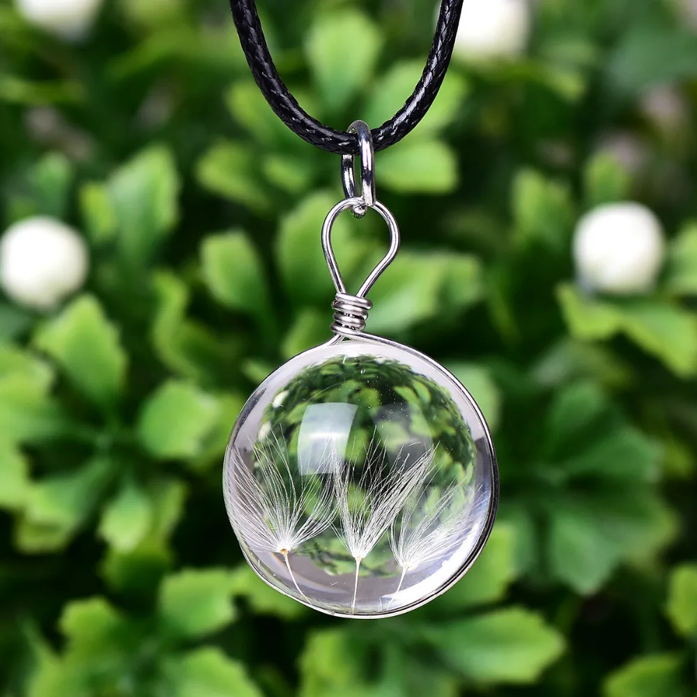 

LUKENI Hot Sale Crystal Glass Ball Dandelion Necklace Leather Chain Handmade Dried Flowers Plant Pendant Long Necklace XL155