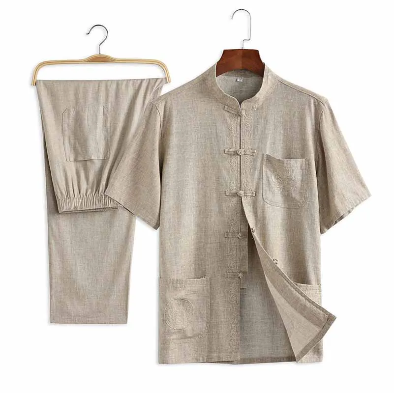 Мужские комплекты боевых искусств костюм Тан летние рубашки с коротким рукавом +