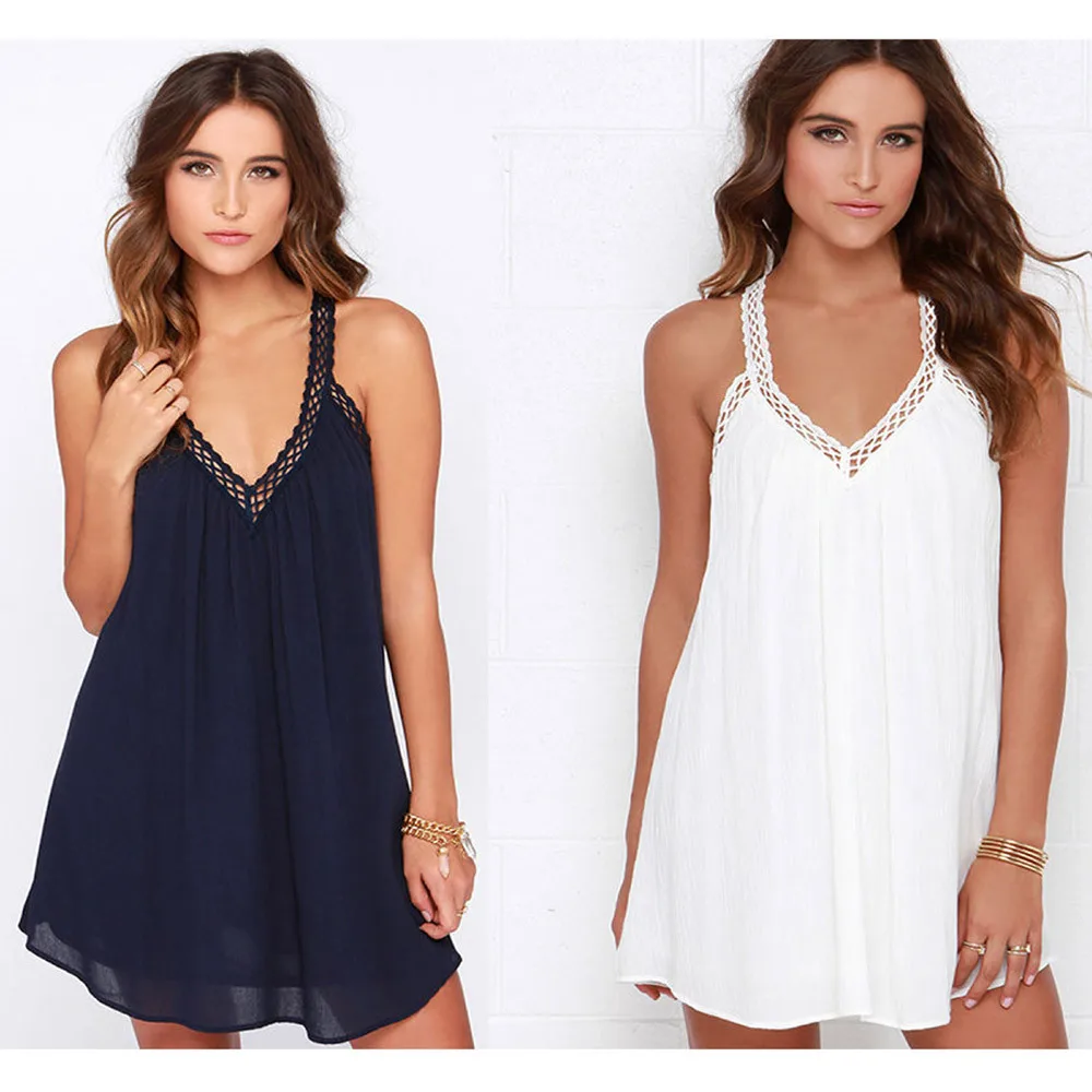 Женское шифоновое платье без рукавов с v образным вырезом кружевное пляжное мини