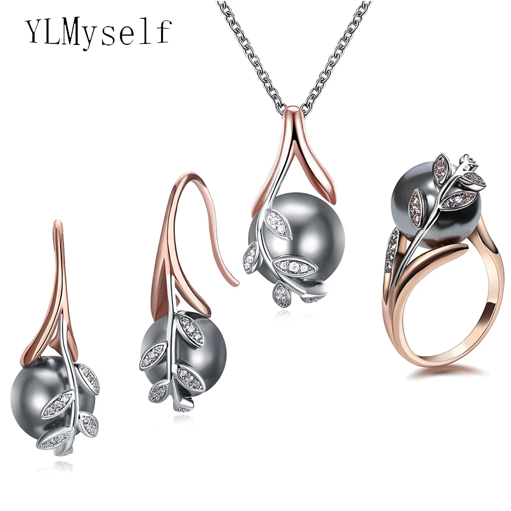 Комплект из колье серёг и кольца с жемчугом|jewelry sets|leaf jewelry setset rose |
