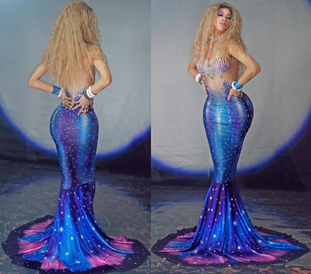 Sexy Pearls Rhinestones Mermaid Long Dress Party Banquet Women Trumpet Trailing Singer Cosplay Stage Costumes | Женская одежда