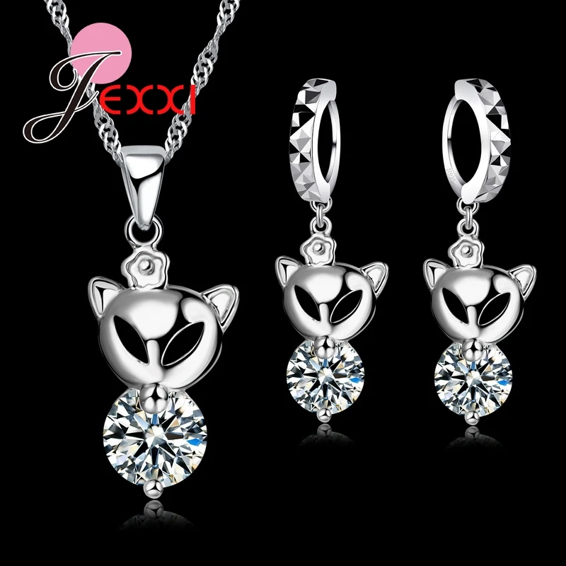 

Women Cute CZ Crystal Fox Jewelry Set 925 Sterling Silver Necklace And Earrings Set For lady Birthday Gifts