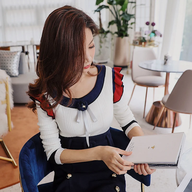 Dabuwawa Spring Autumn Sweater Women Girls Sweet Butterfly Sleeve O-Neck Ruffled Patchwork Pullover Tops D18DJS008 | Женская одежда