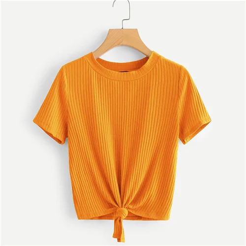 Оранжевый SweatyRocks неоновая цветная футболка с узлом спереди, стильная модная эластичная футболка, летняя повседневная женская желтая футболка и топы - Цвет: Оранжевый