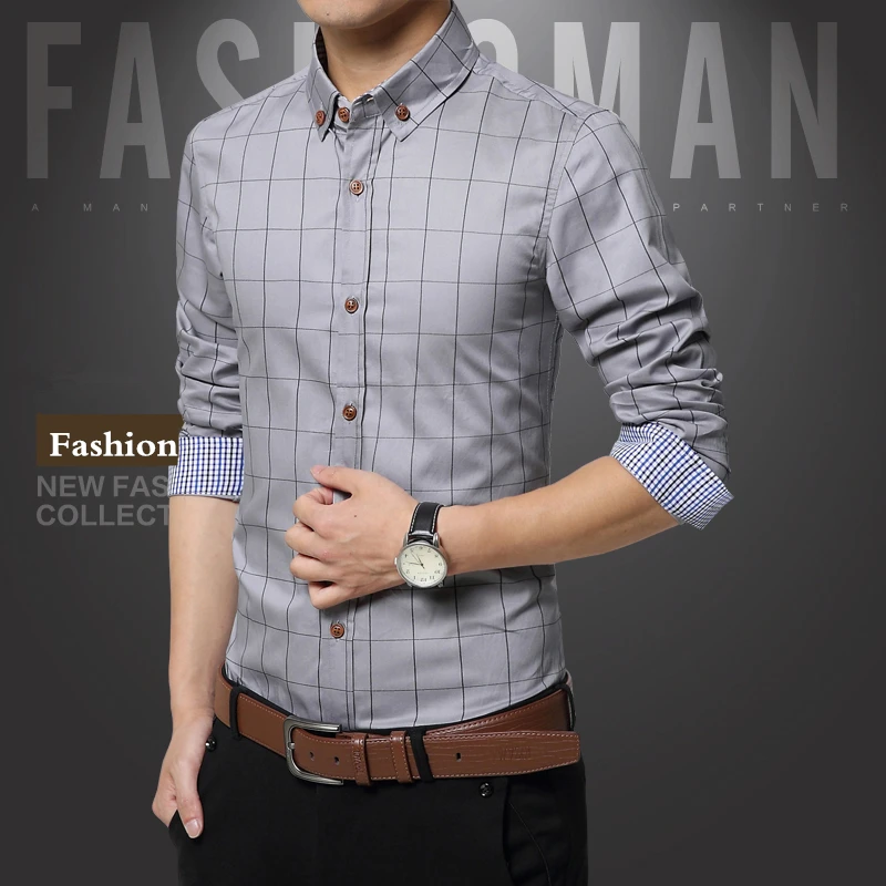100% хлопок Рубашки в клетку Для мужчин рубашка Бизнес Slim Fit социальные рубашки Топ