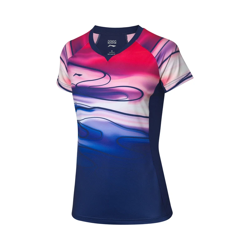 Li-Ning Женская футболка для бадминтона, топ для соревнований, полиэстер, спандекс, сухая дышащая подкладка, спортивные футболки AAYP054 WTS1504 - Цвет: AAYP054-1H