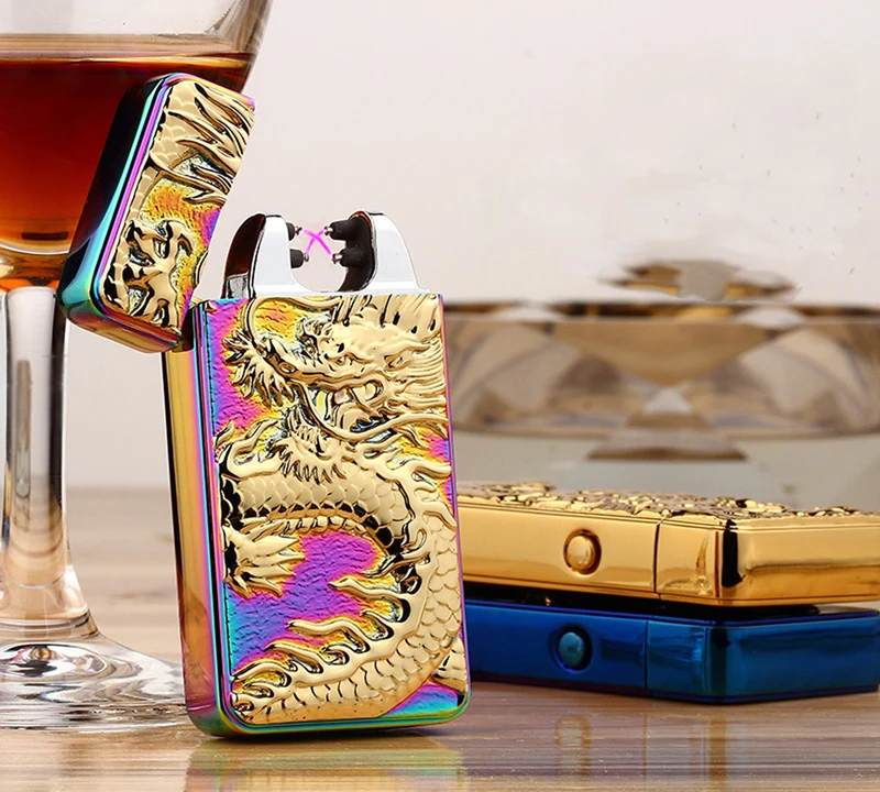 Новинка 2018 рельефная двойная дуговая сигаретная зажигалка с драконом usb зарядка