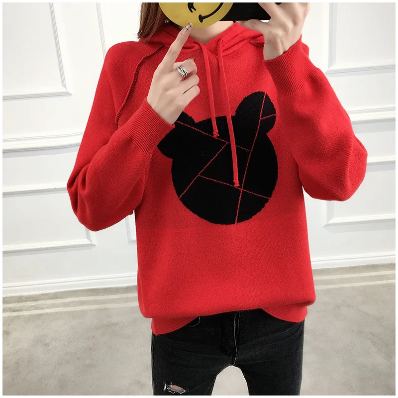 2018 autumn and winter sweater new women loose pullover cartoon hooded casual Lantern sleeve knit sweaters | Женская одежда