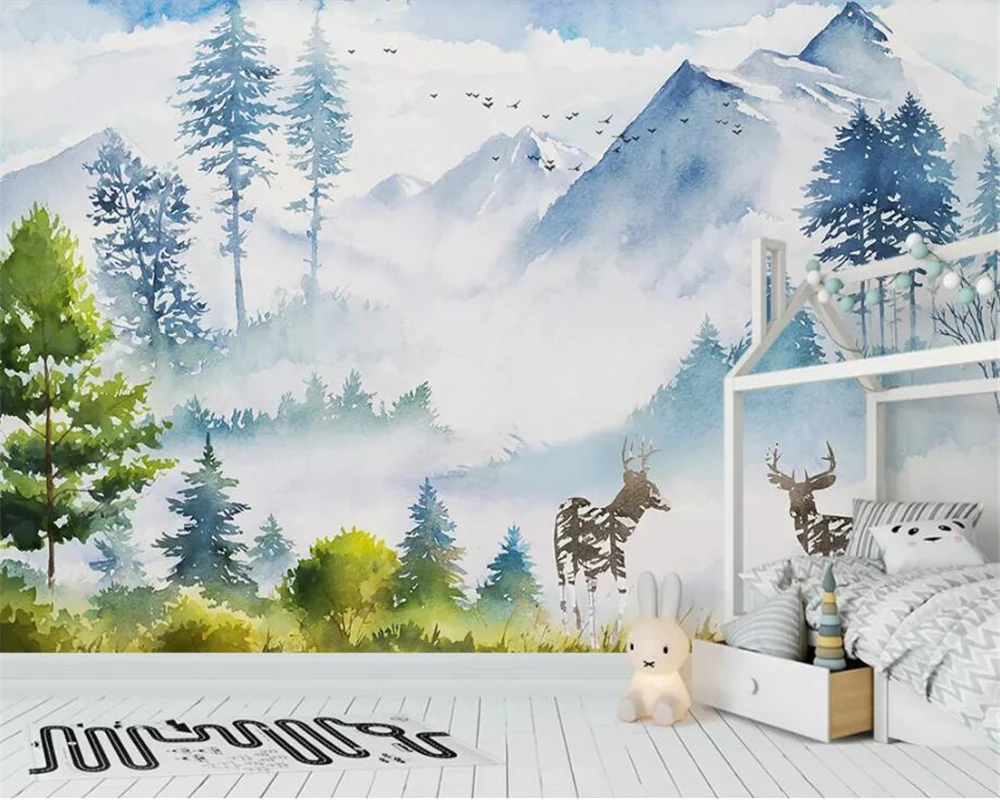 

Beibehang Modern home background decorative wallpaper hand-painted elk forest landscape Children's Room Background wall paper