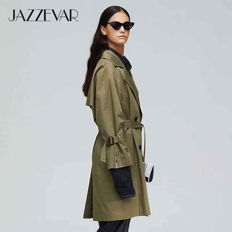 JAZZEVAR 2019 Новое поступление осенний плащ хаки пальто женское двубортное винтажное