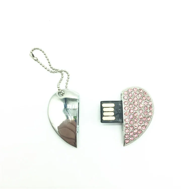 Металлический USB флеш накопитель с кристаллами в форме сердца + Подарочная