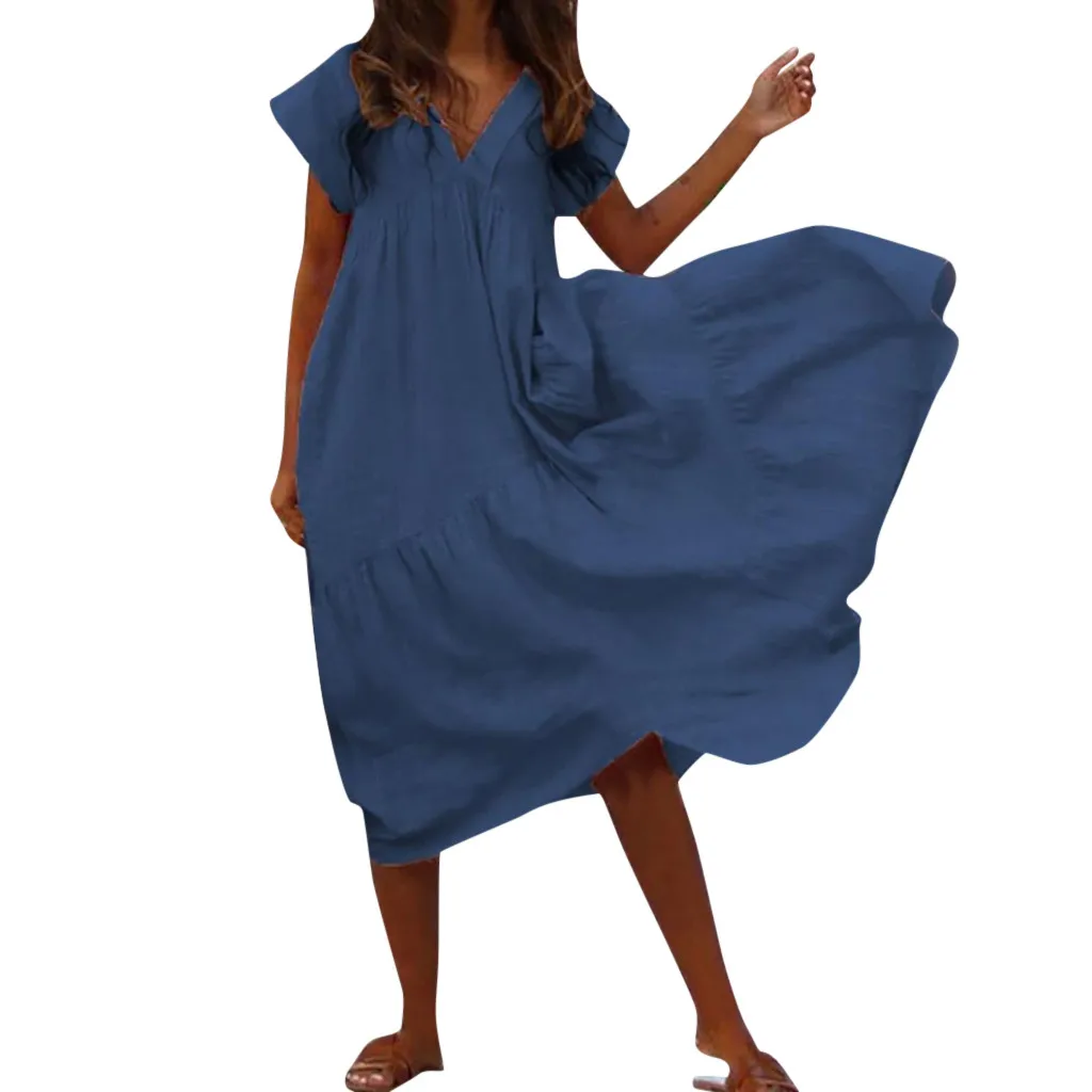 Женское платье с коротким рукавом W416 однотонное повседневное пляжное