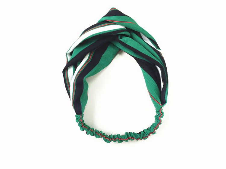 [Aiweier] Womens Hairpins Green Striped Retro Elastic Hairbands Headband Accessories Cross Adult Clip Bandana For Females KL5894