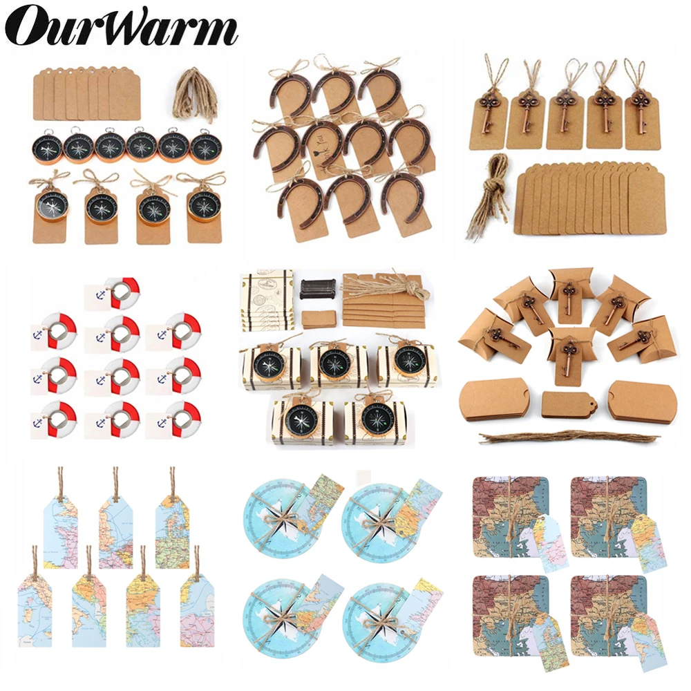 OurWarm 50pcs/set Wedding Souvenirs Vintage Key Bottle Opener + Tags Compass Wedding Gifts For Guests Party Favor Travel Themed