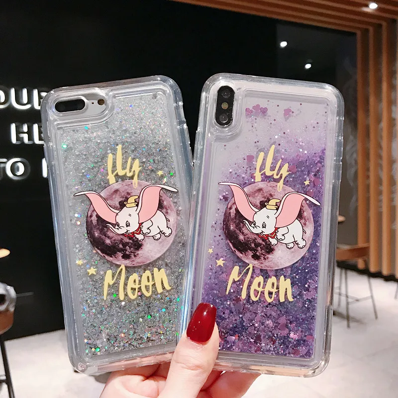 Cartoon Fly Moon Dumbo Elephant Glitter Phone Case for Iphone X XR XS MAX 6 6S 7 8 Plus Dynamic Quicksand Liquid Soft Back Cover |