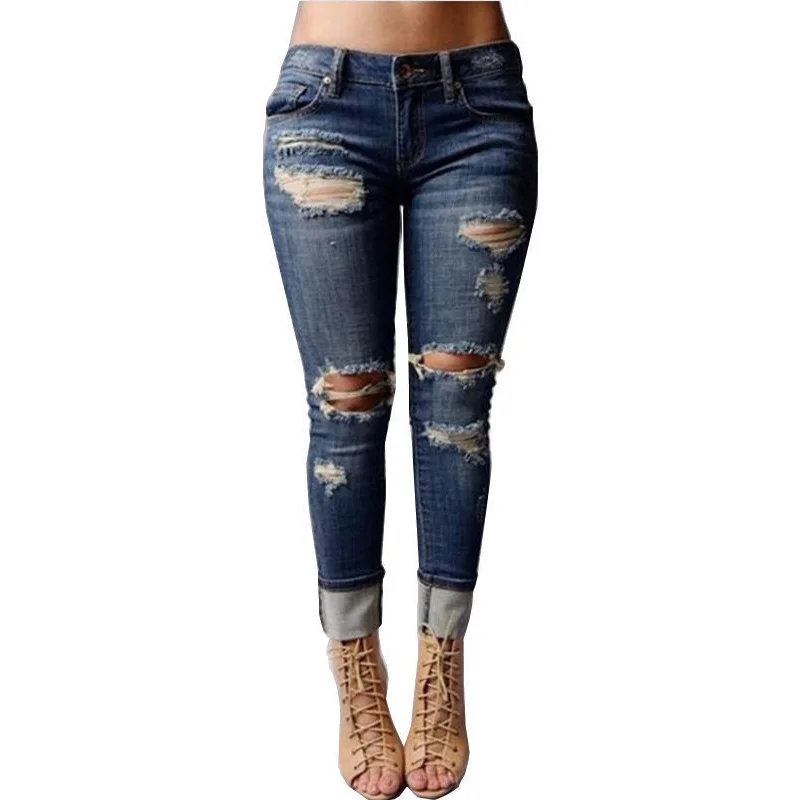 Женские рваные джинсы с дырками и высокой талией потертые узкие бойфренды