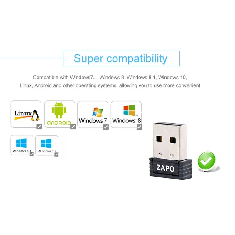 USB адаптер ZAPO Mini 2.4G WIFI 150 Мбит / с 802.11n g b Сетевая карта встроенная в антенну для всех
