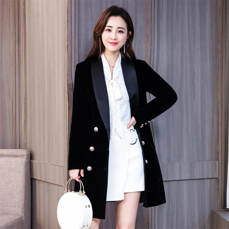 Модный золотой бархатный двубортный костюм тонкие черные женские ветровки 2019