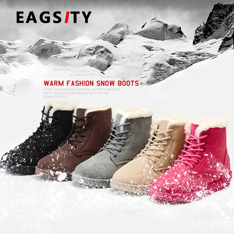 EAGSITY/розовые зимние ботинки Женские ботильоны на шнурках Теплые повседневные с