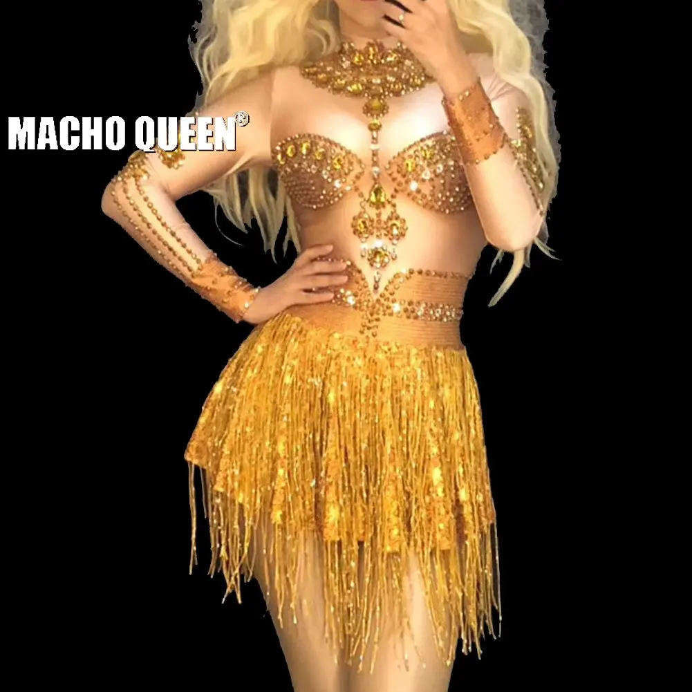 Drag queen костюмы сексуальный Золотой горный хрусталь боди с бахромой Кристалл комбинезон мужской костюм Подиум представление одежда для вечеринок