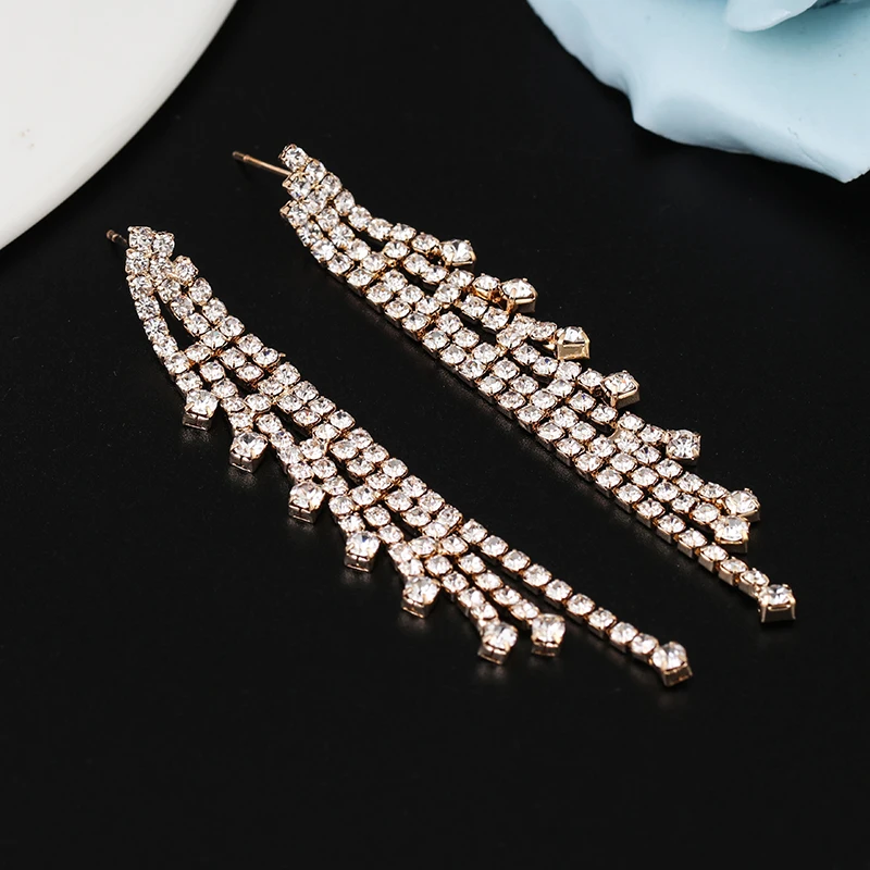 YFJEWE Silver Color Rhinestone Crystal Long Tassel Earrings for Women Bridal Drop Dangling Brincos Wedding Jewelry E630 | Серьги